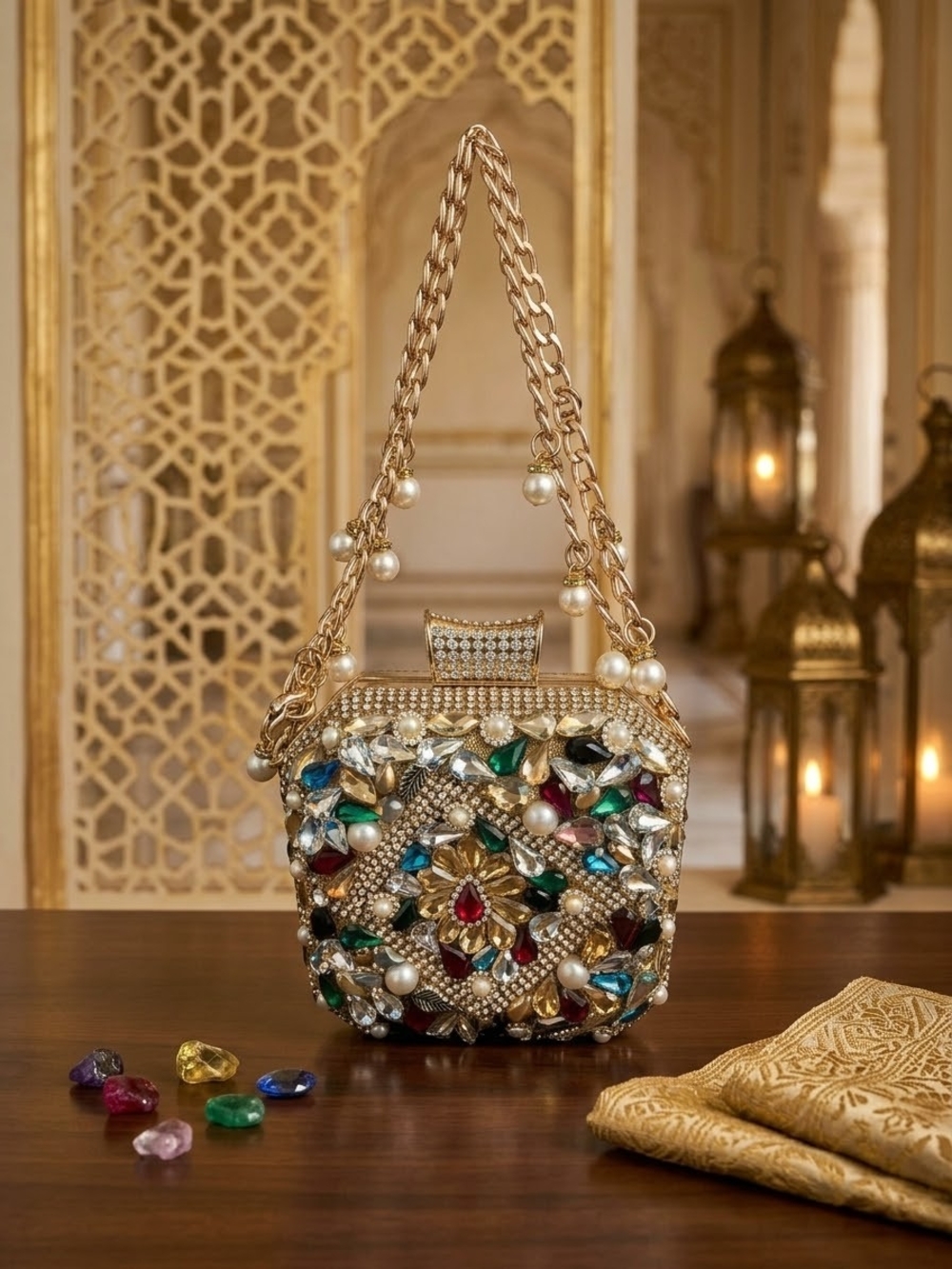 Jeweled Crystal & Rhinestone Evening Box Clutch – Gold Pearl Chain Bag
